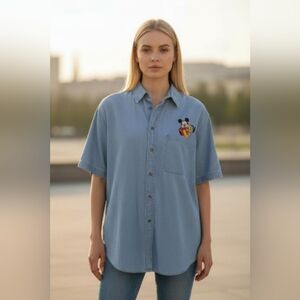 Vtg Disney Adults Size Large Mickey And Pluto Button Up Shirt